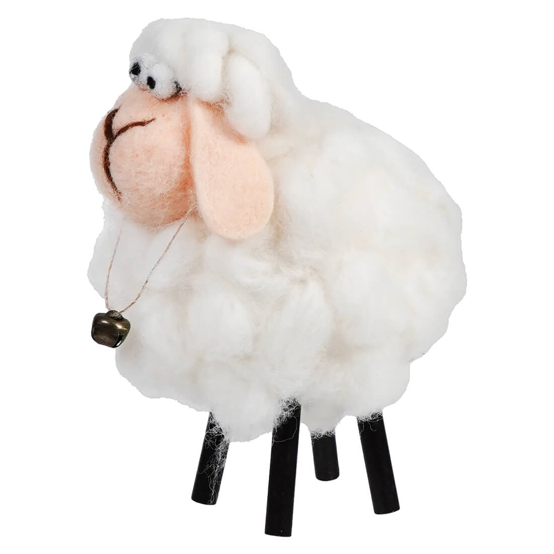 White fluffy sheep ornament with a pink nose, black legs and a small bell.