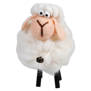 Plush white sheep toy with googly eyes and a small bell necklace.