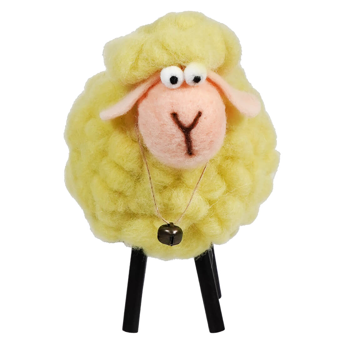 Cute plush sheep toy with yellow wool, googly eyes, and black stick legs.