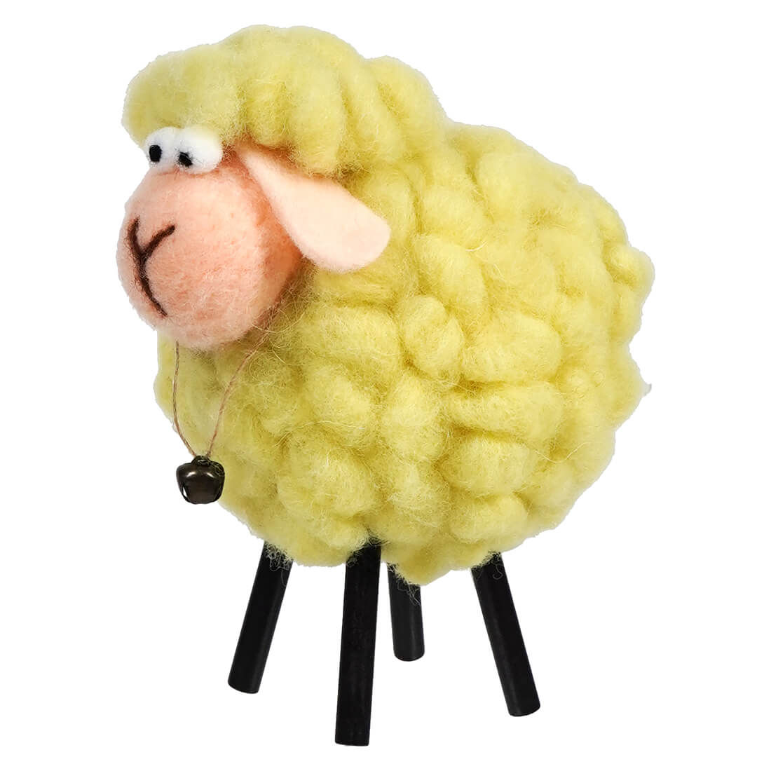 Cute plush sheep with yellow fluffy wool and black stick legs.