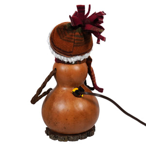 Lighted small tall brown snowman girl gourd with plaid hat and white faux fur trim by meadowbrooke gourds