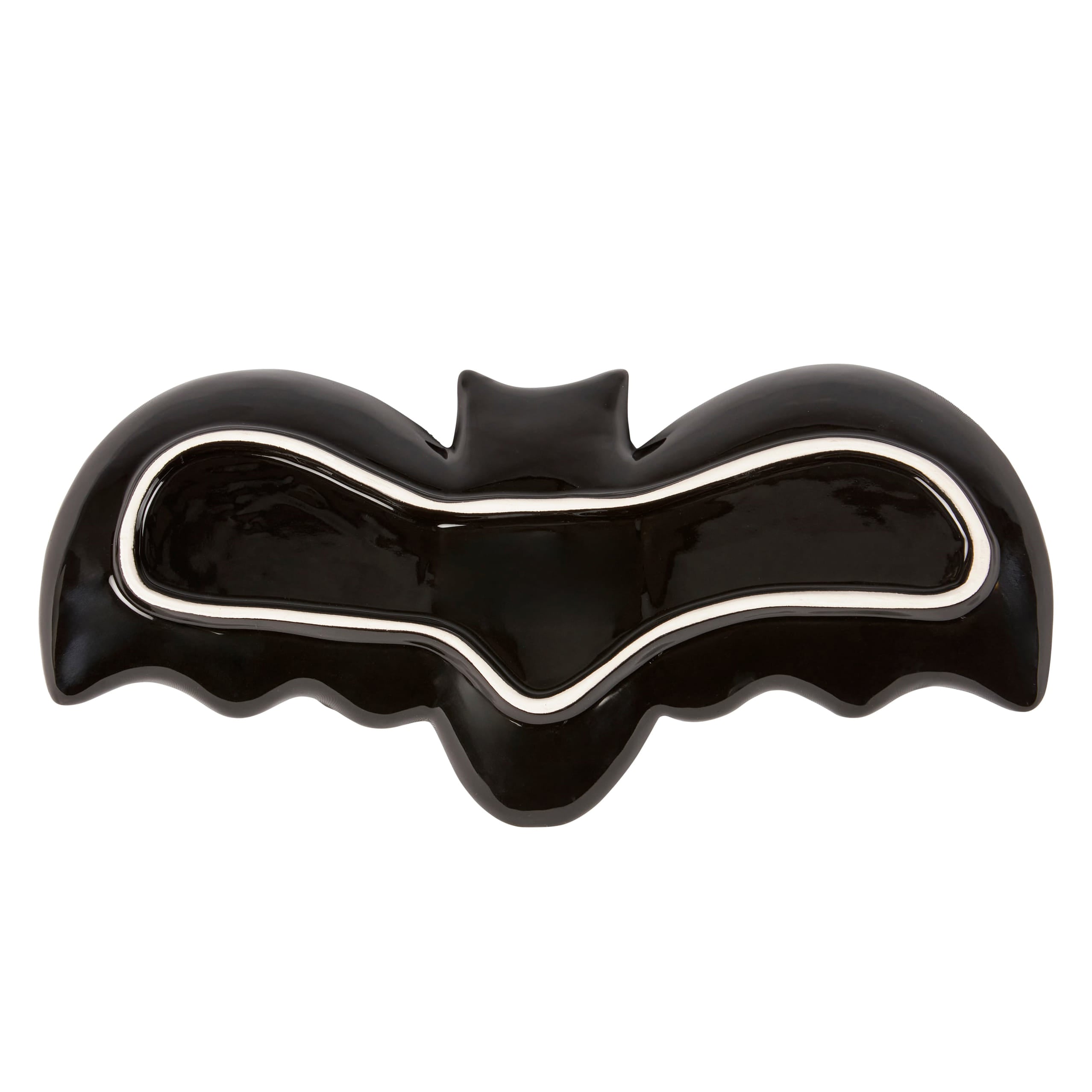 Black ceramic flying bat tray with glossy finish and white trim along the inner edge perfect for spooky decor
