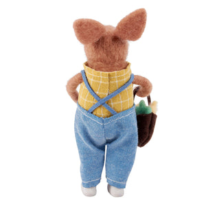 A plush brown bunny critter wearing yellow plaid shirt and denim overalls carrying a food basket vintage easter bunny figural decor