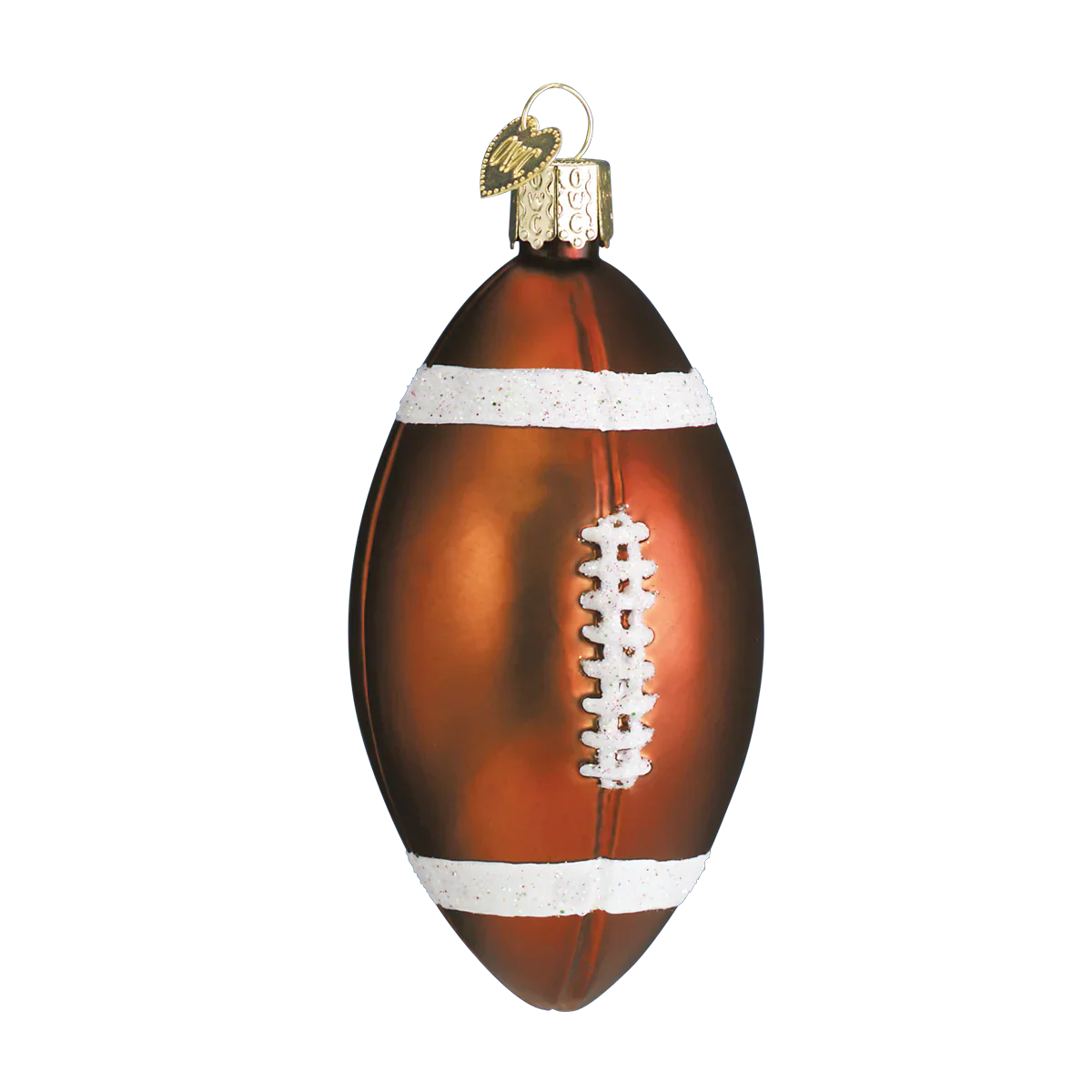 A glossy brown glass football ornament with white laces and stripes featuring a gold cap and tag figural decor