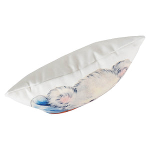 White rectangular valentines day pillow with a soft watercolor cat illustration spreading holiday cheer and nicely woven