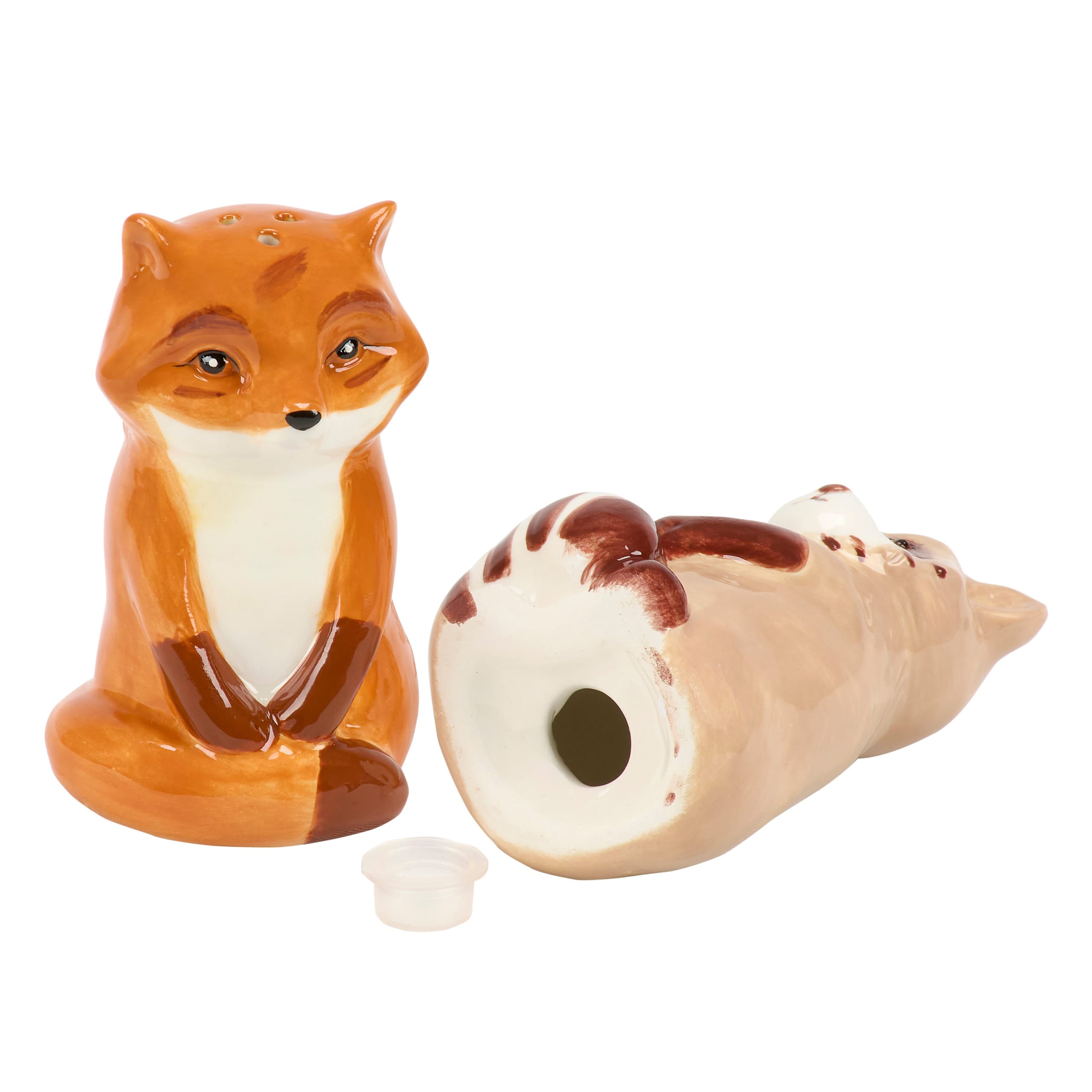 Forest friends ceramic fox salt and pepper shakers with orange fur white chest and brown accents perfect for halloween ghost figures fans