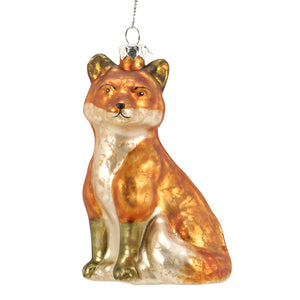 A translucent orange and silver glass fox ornament with a vintage-inspired finish and metallic hanging chain