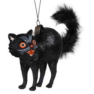 Fraidy cat ornament black cat with glittery finish orange eyes white whiskers fluffy tail perfect halloween cats scaredy cat ornament