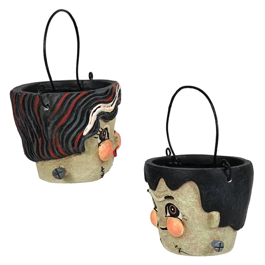 Frank & Bride Teeny Halloweenie Pail Ornaments Set/2