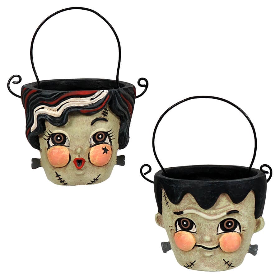 Frank & Bride Teeny Halloweenie Pail Ornaments Set/2