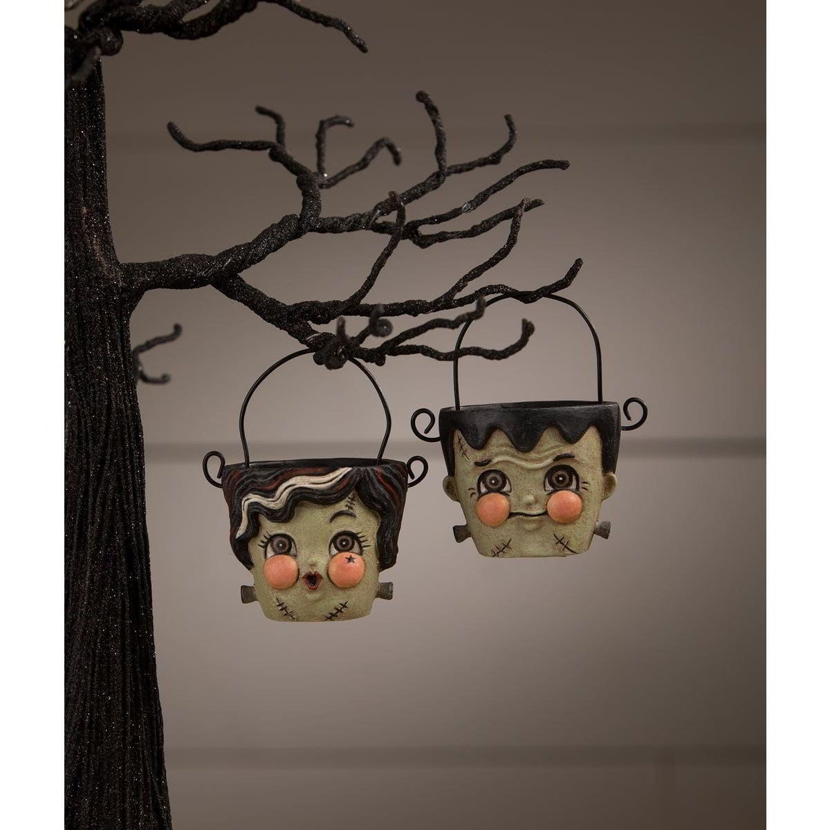 Frank & Bride Teeny Halloweenie Pail Ornaments Set/2