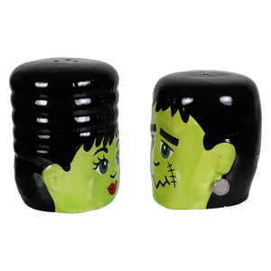 Green and black ceramic frank and bride salt and pepper shakers set shaped like frankenstein salt and pepper holders