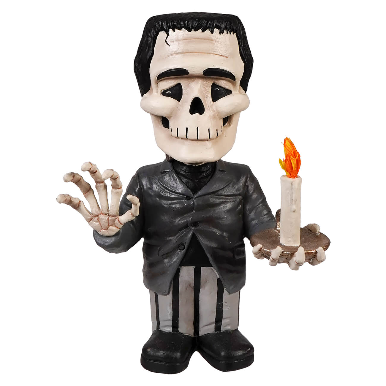 Franken skelly skeleton figurine holding a lit candle in green with black details perfect for spooky decor