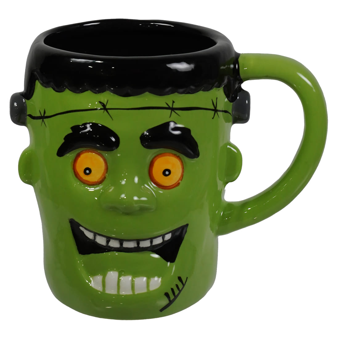 Green ceramic frankenstein monster mug with black hair orange eyes and stitched face details perfect for figural decor hag 3d mugs