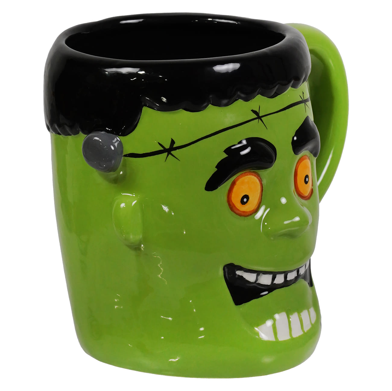 Green ceramic frankenstein monster mug with black hair orange eyes and stitched face perfect for joe spencer figural decor hag 3d mugs