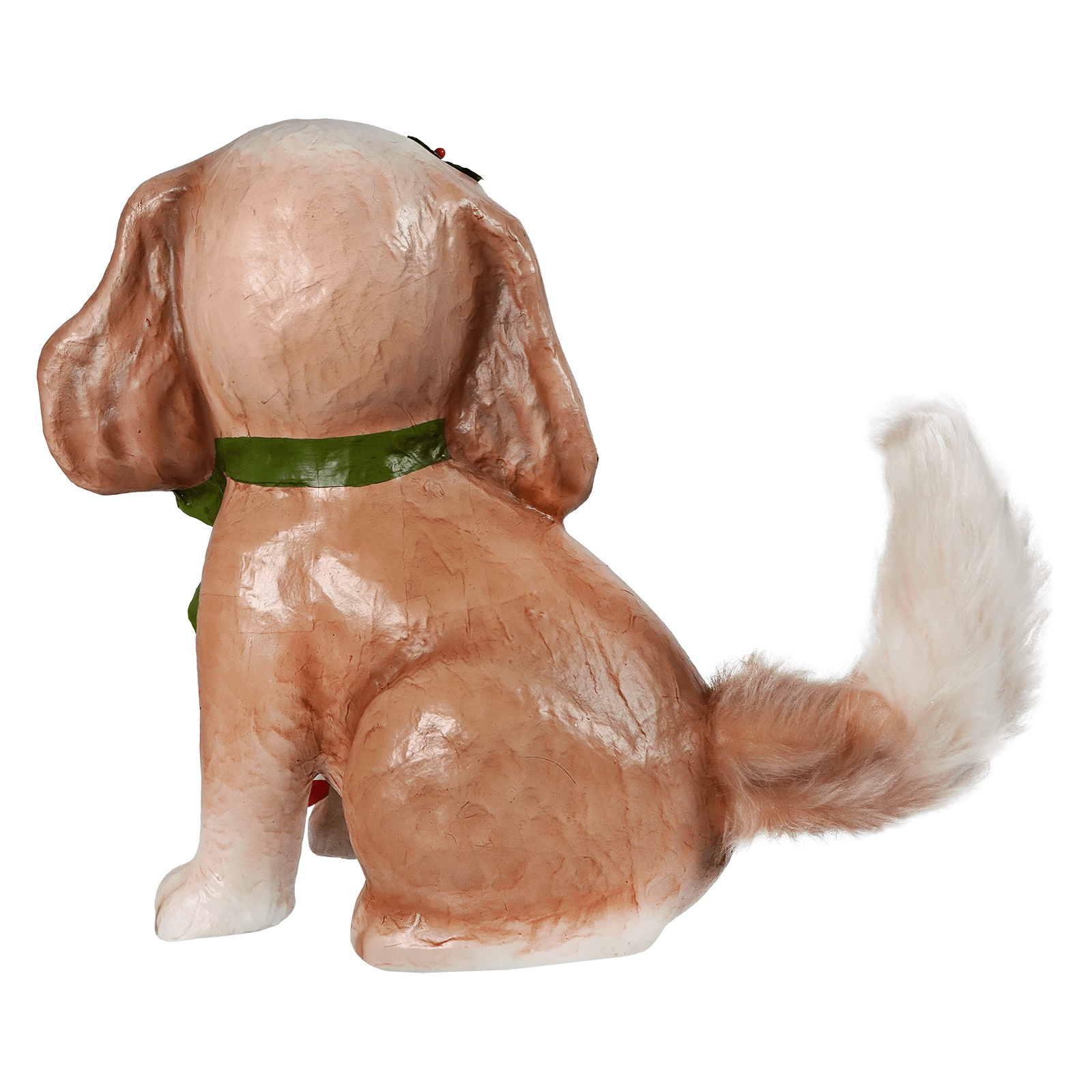 A tan textured resin frankie puppy figurine with floppy ears and fluffy tail by bethany lowe design sitting down