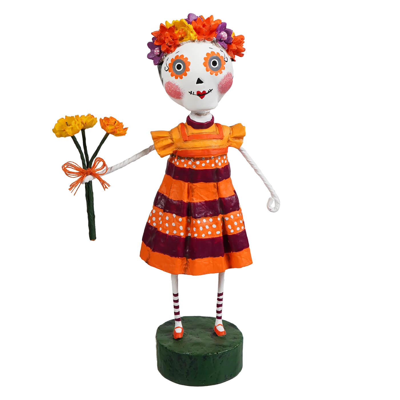Freida sugar skull figurine wearing vibrant orange and maroon striped dress with white polka dots day of the dead decor