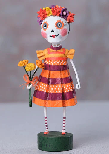 Freida colorful dia de los muertos figurine with painted skull face floral crown and orange purple dress for day of the dead decor
