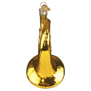 Golden glass french horn ornament with metallic finish and silver cap perfect for world christmas decor