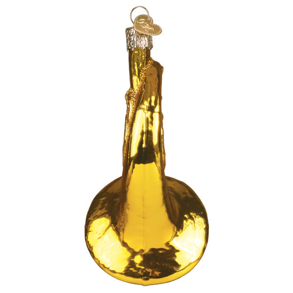 Golden glass french horn ornament with metallic finish and silver cap perfect for world christmas decor