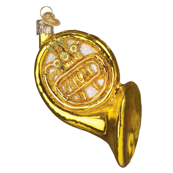 Golden french horn ornament with intricate detailing and shiny metallic finish perfect for world christmas decor