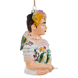 Glass frida kahlo ornament with floral crown and colorful parrots perfect art ornament for decoration