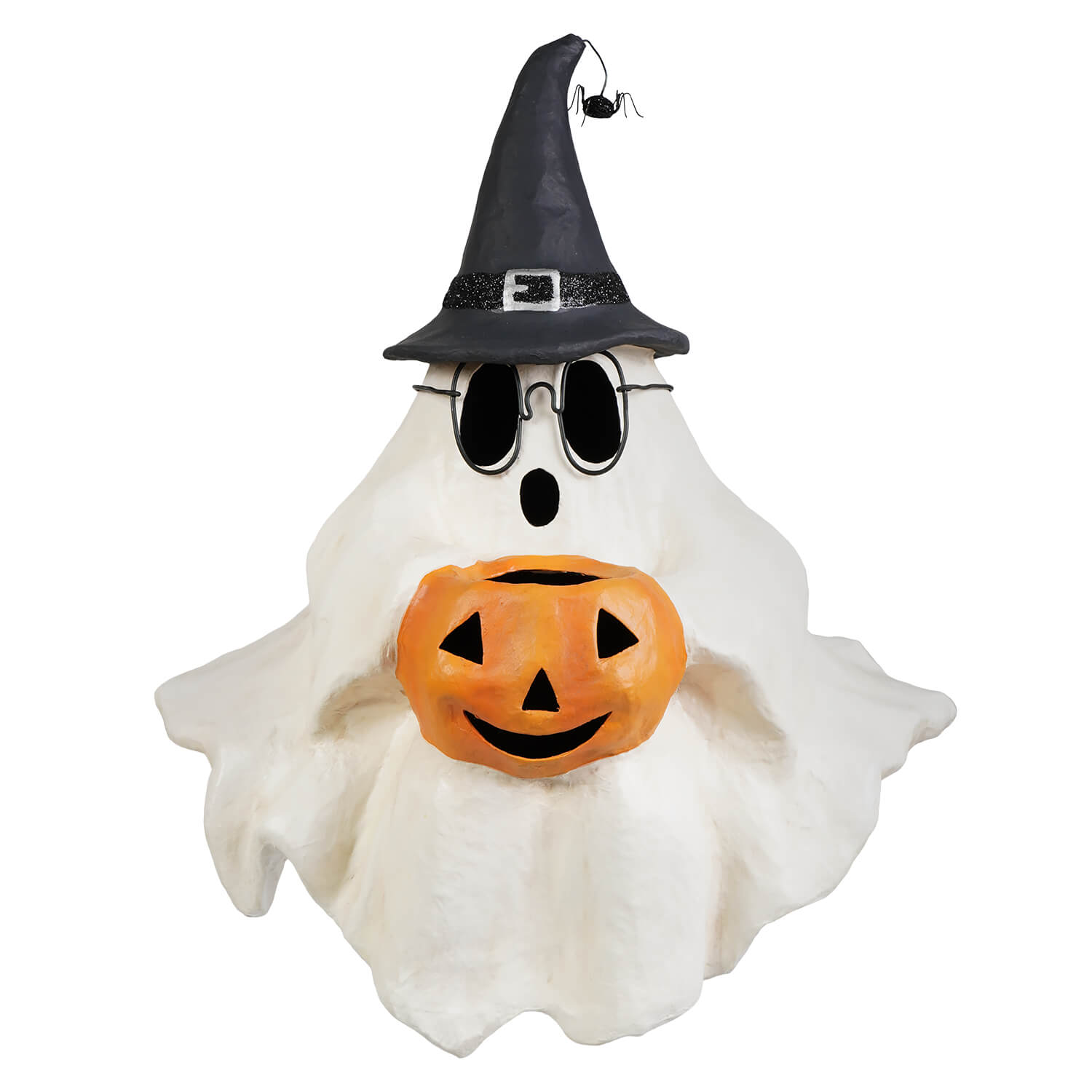 White halloween ghost figures decor shelf sitter wearing black witch hat and sunglasses holding orange pumpkin lantern
