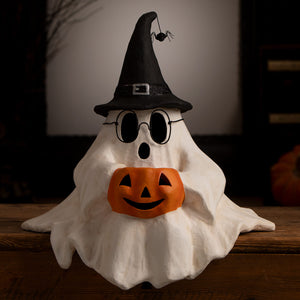 White ghost shelf sitter wearing black witch hat and glasses holding orange jack o lantern halloween ghost figures decor