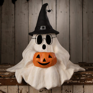 Frightened Fergus shelf sitter white halloween ghost figure decor with black witch hat glasses holding orange jack-o-lantern