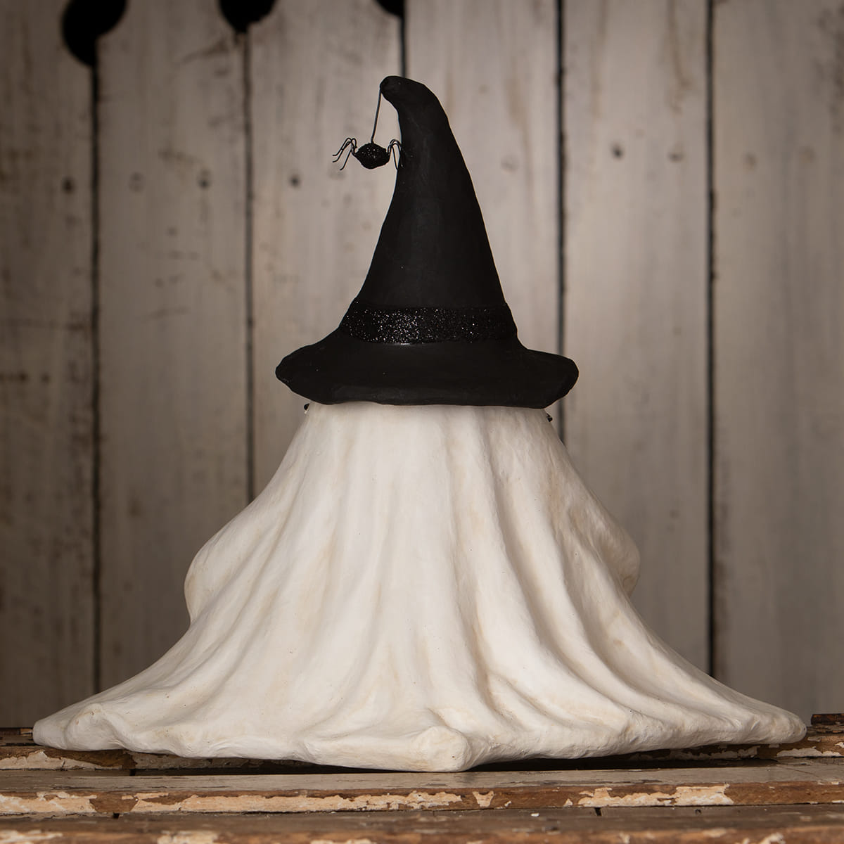 Frightened fergus shelf sitter halloween ghost figure decor with black witch hat and glittery band