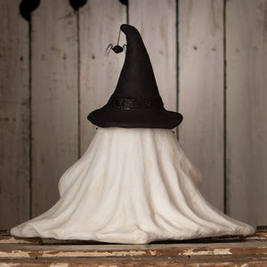 Frightened fergus shelf sitter halloween ghost figure decor with black witch hat and glittery band