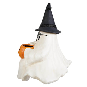 Frightened fergus halloween ghost figures decor shelf sitter in white wearing black glitter witch hat holding orange pumpkin lantern