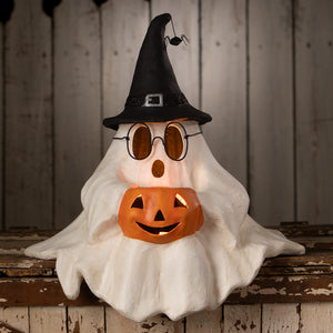 White ghost halloween ghost figures decor shelf sitter with black witch hat, round glasses, and orange pumpkin face