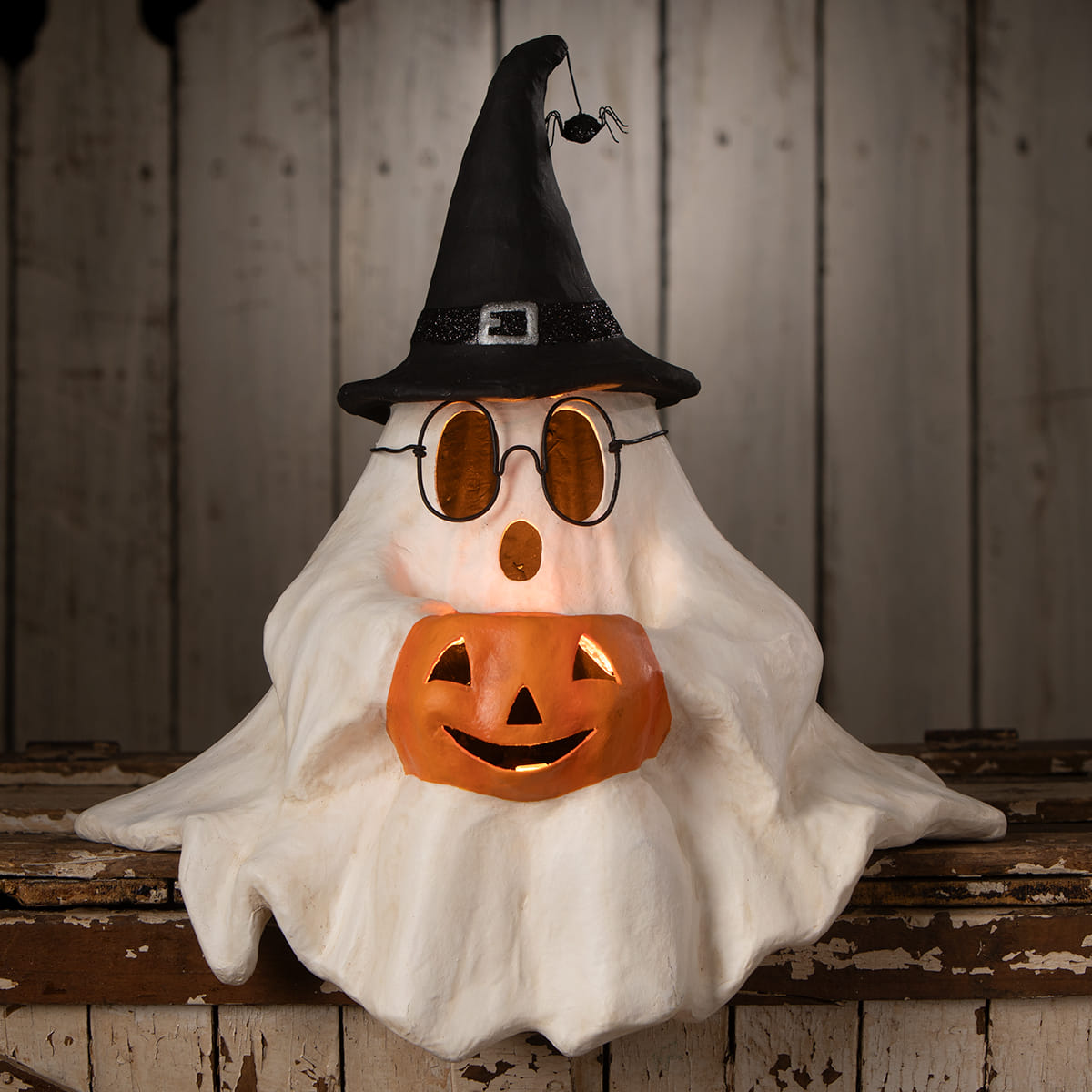 Frightened fergus shelf sitter halloween ghost figure decor featuring a white ghost with witch hat and jack-o-lantern face