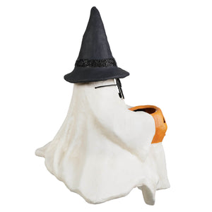 White frightened fergus shelf sitter ghost figurine wearing black witch hat holding orange pumpkin bucket halloween ghost figures decor