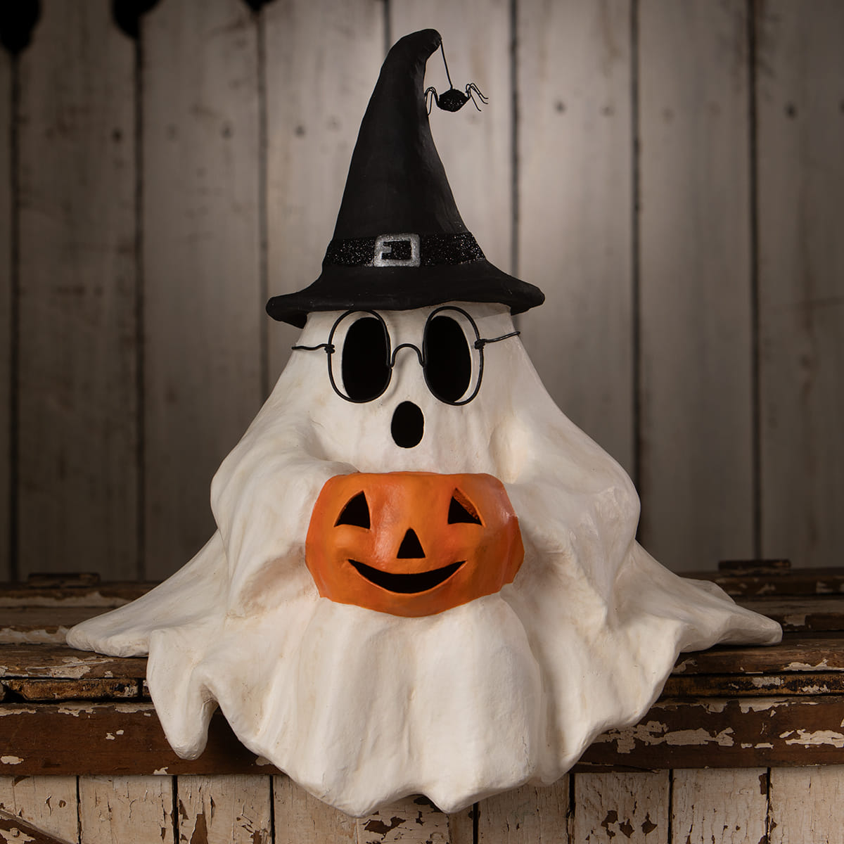 Frightened fergus halloween ghost figure decor with black witch hat glasses holding orange jack-o-lantern shelf sitter