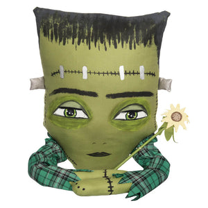 Fronk zombinaland decorative pillow with green frankenstein design, stitched face, plaid sleeves, and sunflower for halloween pillows