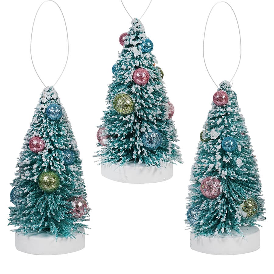 Frosted Ornamented Aqua Brush Tree Ornaments Set/3