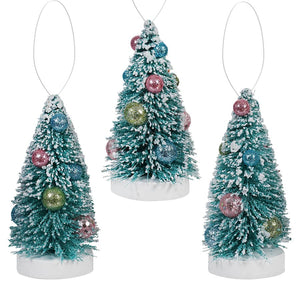 Frosted Ornamented Aqua Brush Tree Ornaments Set/3