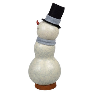 A charming white snowman gourd with textured surface wearing black top hat and gray scarf perfect for meadowbrooke large snowman decor