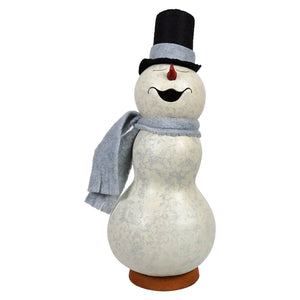 Frostworth small boy snowman gourd figurine with white body, black top hat, gray scarf, and red nose, perfect next to meadowbrooke large snowman