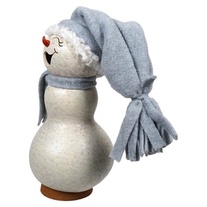 Frostworth small girl snowman gourd with textured light gray surface wearing soft blue felt hat and scarf perfect for snowman gourds collection