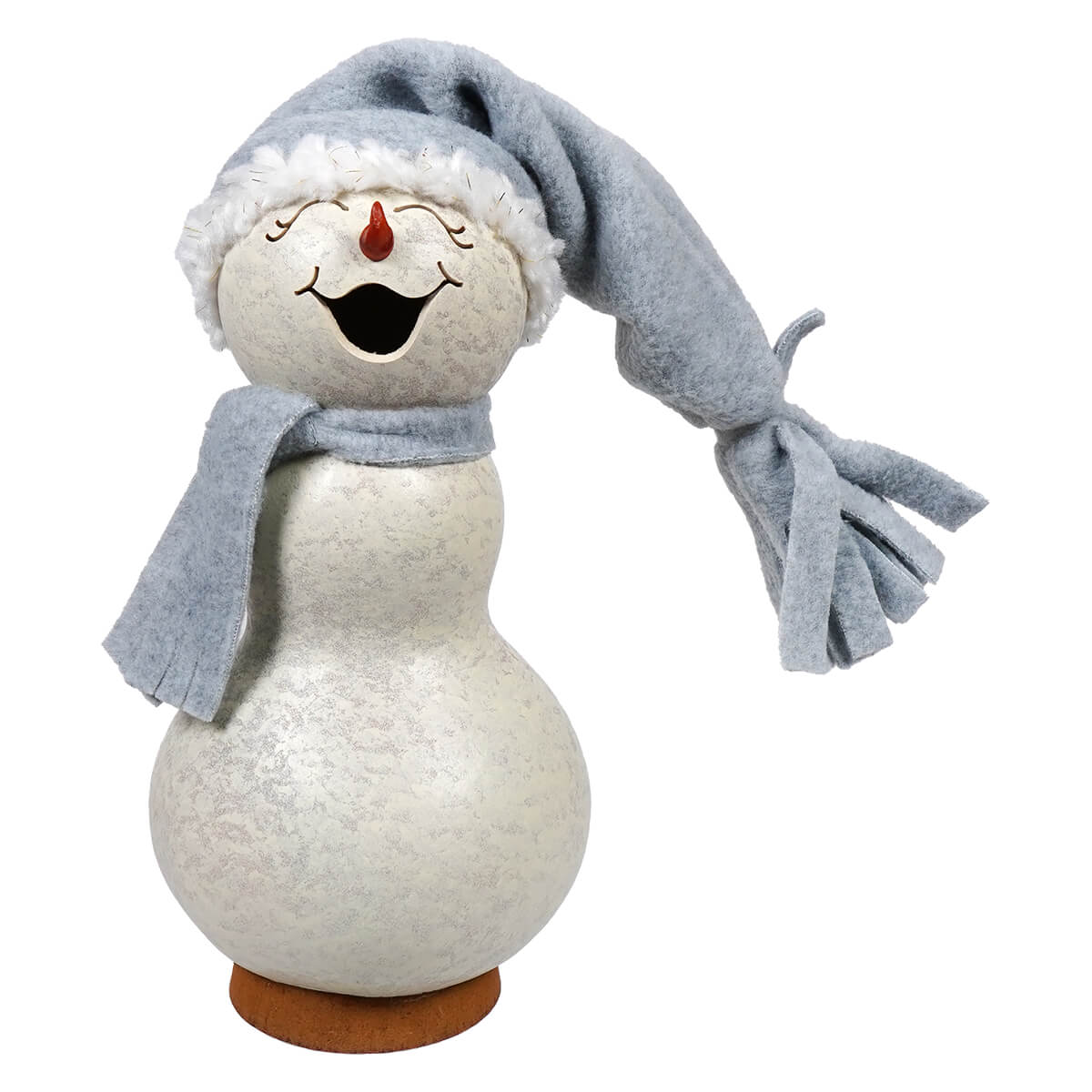 A cheerful frostworth small girl snowman gourd with textured white body wearing gray felt hat and scarf perfect for snowman gourds collection