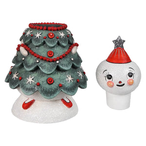 Frosty treena jolly jar green glitter christmas tree figurine with red beads white stars and candy cane feet by bethany lowe designs