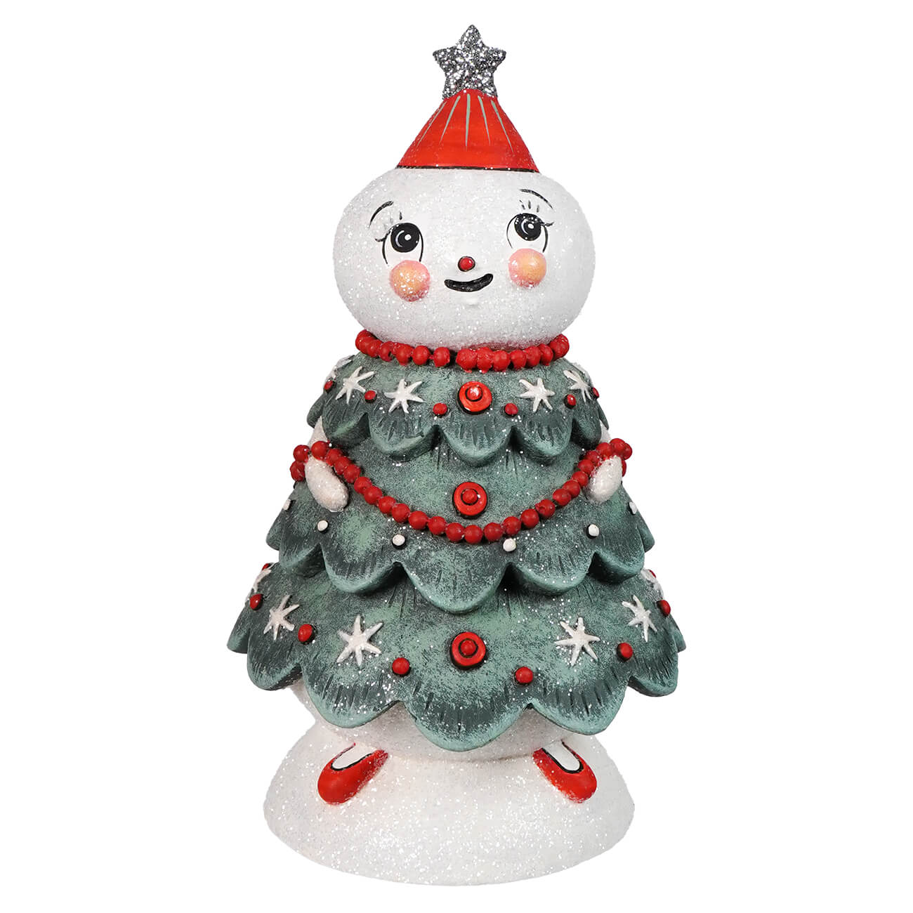 A charming white snowman christmas tree ornament with red hat and beaded green body from treena jolly jar by bethany lowe designs