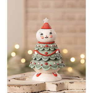 A charming white ceramic snowman figurine dressed as a green christmas tree with red beads from bethany lowe designs treena jolly jar