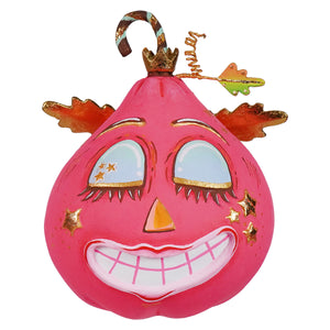 Whimsical fulfilled hot pink pixie pumpkin figurine in bright pink perfect for halloween pumpkin decor