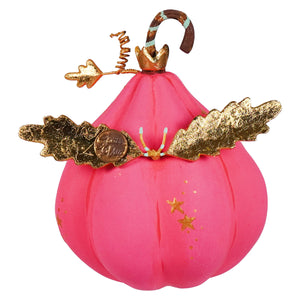 A vibrant fulfilled hot pink pixie pumpkin ornament with gold foil leaves crown and tiny star accents perfect for halloween pumpkin decor