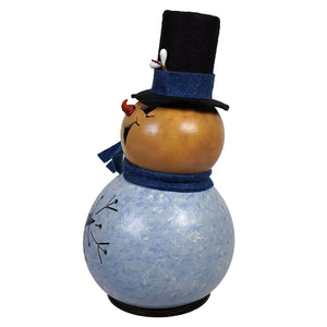 Hand painted meadowbrooke gourds miniature snowflake snowman with tan body light blue base black hat and dark blue scarf