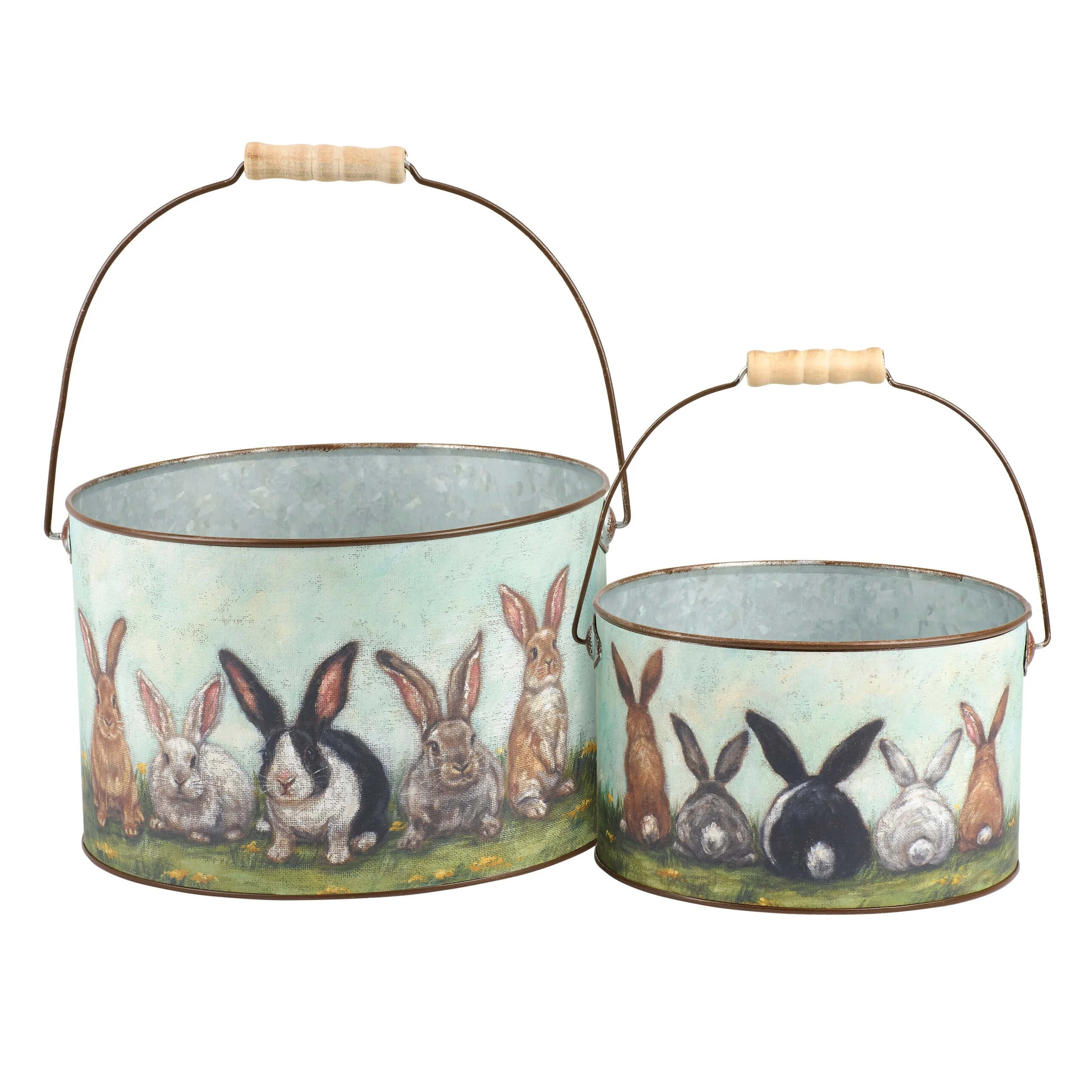 Set of two rustic galvanized metal easter buckets with painted bunny designs and wooden handles friends bucket set